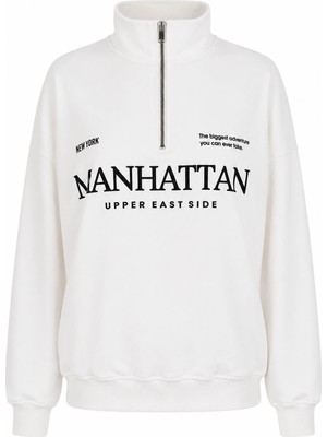 Trender Manhattan Baskı Yarım Fermuarlı Ekru Kadın Sweatshirt 27KDT1000023