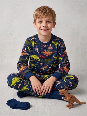 Deniva Kids Erkek Çocuk Lacivert Dinozor Desenli Uzun Kollu Sweatshirt ve Jogger Alt Üst Takım