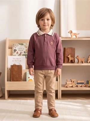 Deniva Kids Erkek Çocuk Çizgili Polo Yaka Düğmeli Sweatshirt ve Beli Lastikli Bej Pantolon Alt Üst Takım