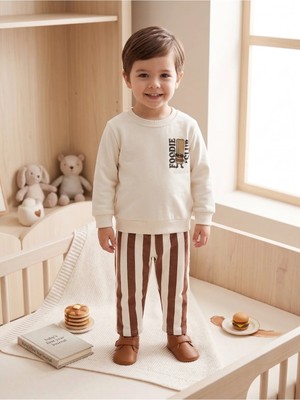 Deniva Kids Erkek Çocuk %100 Pamuklu Çizgili Pantolonlu Sweatshirt Kreş Takımı 2'li Set