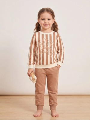 Deniva Kids Çocuk Kahverengi Çizgili Baskılı Pamuklu Sweatshirt ve Eşofman Altı Ikili Takım