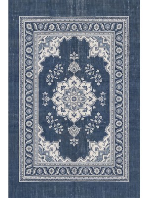 Rugzella Lacivert Gri Modern Suluboya Soyut Eskitme Desenli Ultra Yumuşak Yıkanabilir Halı
