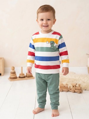 Deniva Kids Erkek Bebek Yeşil Çizgili Dinozor Nakışlı %100 Pamuk Sweatshirt Eşofman Alt Üst Takım