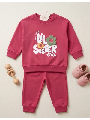 Deniva Kids Kız Çocuk Pembe Çiçek Nakışlı Baskılı Uzun Kollu Alt Üst 2'li Eşofman Takımı