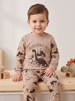 Deniva Kids Erkek Bebek Kahve Dinozor Baskılı %100 Pamuklu Uzun Kollu Alt Üst Eşofman / Pijama Takımı