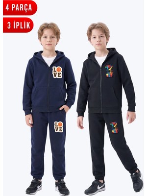 Fyk Kids 3 Iplik Baskılı Erkek Çocuk Fermuarlı Kapüşonlu 2'li Eşofman Takımı 4 Parça