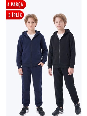 Fyk Kids 3 Iplik Düz Erkek Çocuk Fermuarlı Kapüşonlu 2'li Eşofman Takımı 4 Parça