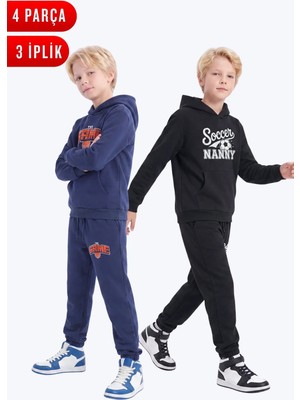 Fyk Kids 3 Iplik Baskılı Kışlık Kanguru Cepli Kapüşonlu Erkek Çocuk 2'li Eşofman Takımı 4 Parça