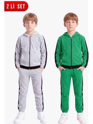 Fyk Kids Erkek Çocuk 2'li Şerit Detaylı Kapüşonlu Fermuarlı Eşofman Takımı Seti