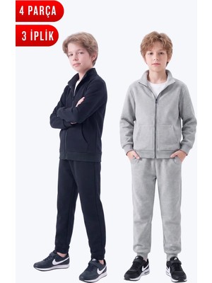 Fyk Kids Erkek Çocuk 3 Iplik Düz Basic Fermuarlı Dik Yaka Çift Cepli 2'li Eşofman Takımı 4 Parça