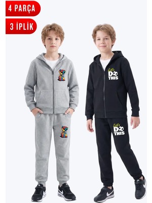Fyk Kids 3 Iplik Baskılı Erkek Çocuk Fermuarlı Kapüşonlu 2'li Eşofman Takımı 4 Parça