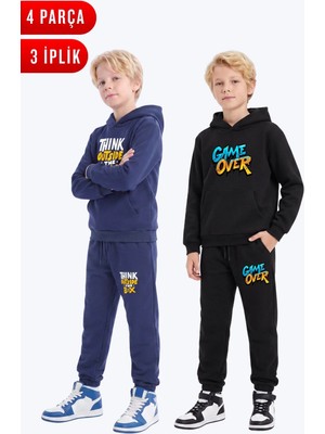 Fyk Kids 3 Iplik Baskılı Kışlık Kanguru Cepli Kapüşonlu Erkek Çocuk 2'li Eşofman Takımı 4 Parça