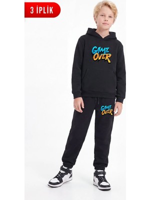 Fyk Kids 3 Iplik Baskılı Kışlık Kanguru Cepli Kapüşonlu Erkek Çocuk Eşofman Takımı