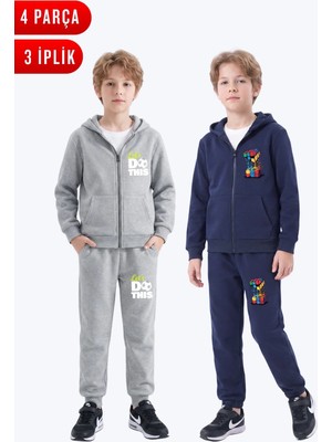 Fyk Kids 3 Iplik Baskılı Erkek Çocuk Fermuarlı Kapüşonlu 2'li Eşofman Takımı 4 Parça