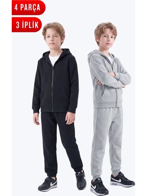Fyk Kids 3 Iplik Düz Erkek Çocuk Fermuarlı Kapüşonlu 2'li Eşofman Takımı 4 Parça