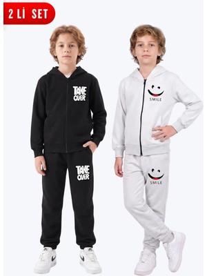 Fyk Kids 2'li Erkek Çocuk Baskılı Fermuarlı Kapüşonlu Çift Cepli Eşofman Takımı
