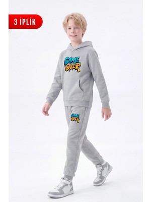 Fyk Kids 3 Iplik Baskılı Kışlık Kanguru Cepli Kapüşonlu Erkek Çocuk Eşofman Takımı