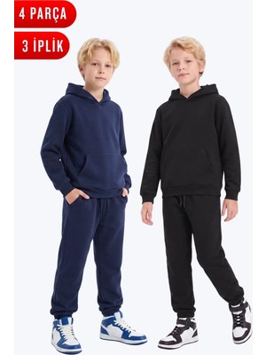 Fyk Kids 2'li Düz 3 Iplik Kışlık Kanguru Cepli Kapüşonlu Erkek Çocuk Eşofman Takımı