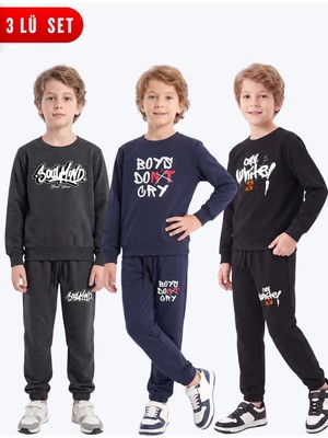 Fyk Kids 3'lü Erkek Çocuk Baskılı Bisiklet Yaka Çift Cepli Eşofman Takımı