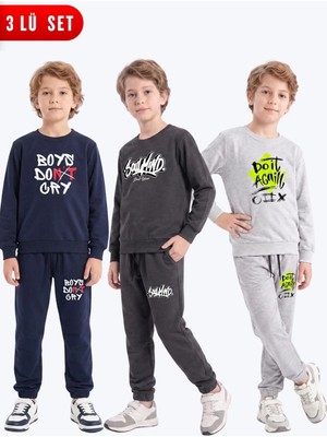 Fyk Kids 3'lü Erkek Çocuk Baskılı Bisiklet Yaka Çift Cepli Eşofman Takımı