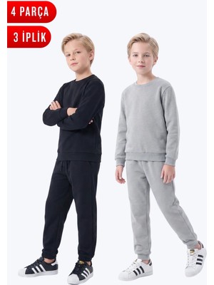 Fyk Kids 3 Iplik Düz Erkek Çocuk Çift Cepli Bisiklet Yaka 2'li Eşofman Takımı