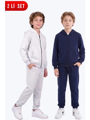 Fyk Kids Erkek Çocuk 2'li Düz Basic Fermuarlı Kapüşonlu Çift Cepli Eşofman Takımı