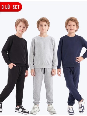 Fyk Kids 3'lü Erkek Çocuk Düz Bisiklet Yaka Çift Cepli Eşofman Takımı