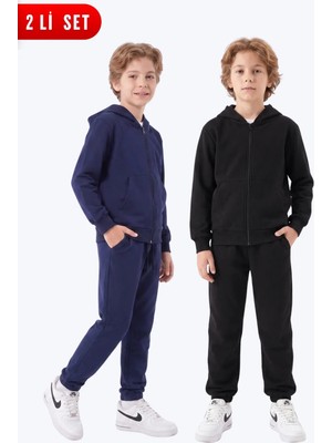 Fyk Kids Erkek Çocuk 2'li Düz Basic Fermuarlı Kapüşonlu Çift Cepli Eşofman Takımı