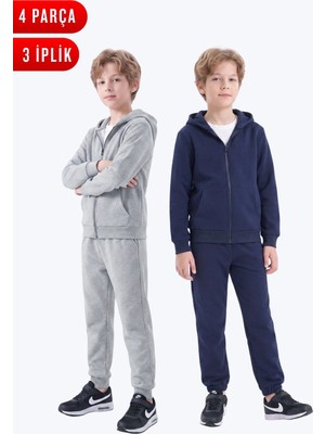 Fyk Kids 3 Iplik Düz Erkek Çocuk Fermuarlı Kapüşonlu 2'li Eşofman Takımı 4 Parça