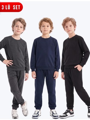 Fyk Kids 3'lü Erkek Çocuk Düz Bisiklet Yaka Çift Cepli Eşofman Takımı
