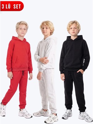 Fyk Kids Erkek Çocuk 3'lü Düz Kanguru Cepli Kapüşonlu Eşofman Takımı