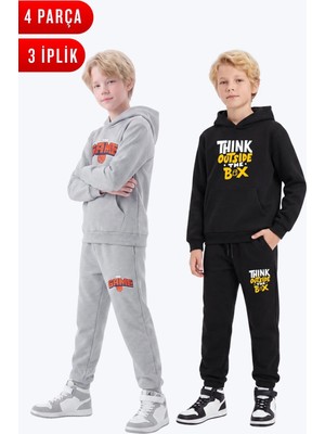 Fyk Kids 3 Iplik Baskılı Kışlık Kanguru Cepli Kapüşonlu Erkek Çocuk 2'li Eşofman Takımı 4 Parça