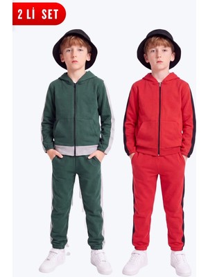 Fyk Kids Erkek Çocuk 2'li Şerit Detaylı Kapüşonlu Fermuarlı Eşofman Takımı Seti