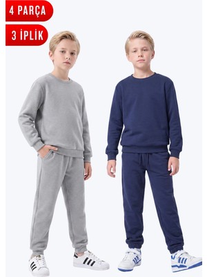 Fyk Kids 3 Iplik Düz Erkek Çocuk Çift Cepli Bisiklet Yaka 2'li Eşofman Takımı