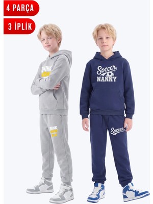 Fyk Kids 3 Iplik Baskılı Kışlık Kanguru Cepli Kapüşonlu Erkek Çocuk 2'li Eşofman Takımı 4 Parça