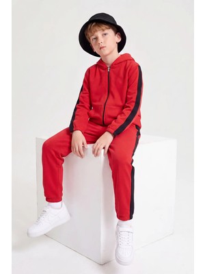Fyk Kids Erkek Çocuk Şerit Detaylı Fermuarlı Kapüşonlu Çift Cepli Eşofman Takımı