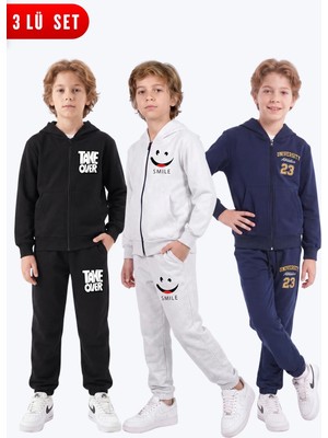 Fyk Kids 3'lü Erkek Çocuk Baskılı Fermuarlı Kapüşonlu Çift Cepli Eşofman Takımı