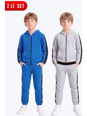 Fyk Kids Erkek Çocuk 2'li Şerit Detaylı Kapüşonlu Fermuarlı Eşofman Takımı Seti