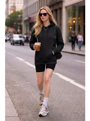 EYDAMOON Kadın Kışlık 3ip Içi Polarlı Kapüşonlu Kanguru Cepli Oversize Sweatshirt