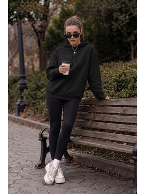 EYDAMOON Kadın Kışlık 3ip Içi Polarlı Kapüşonlu Kesik Cepli Oversize Sweatshirt