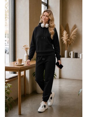 EYDAMOON 3 Iplık Kışlık Kesik Cepli Eşofman Takımı Sweatshirt Jogger - Rahat Kesim Şardonlu Kapüşonlu