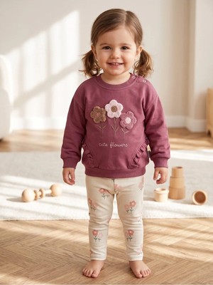 Deniva Kids Kız Bebek Gül Kurusu 3 Boyutlu Çiçek Nakışlı Fırfırlı Sweatshirt ve Kaşkorse Tayt 2'li Takım