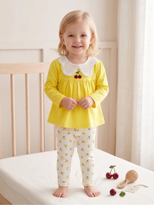 Deniva Kids Kız Bebek & Çocuk Dantel/örgü Bebe Yaka Kiraz Nakışlı Tunik ve Ribana Çiçek/kiraz Desenli Tayt 2'li Alt Üst Takım