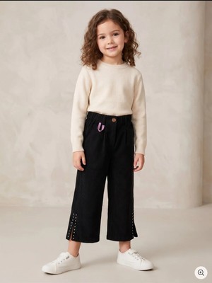Deniva Kids Kız Çocuk Siyah Beli Lastikli Paçası Taş ve Yırtmaç Detaylı Rahat Kalıp Keten Pantolon