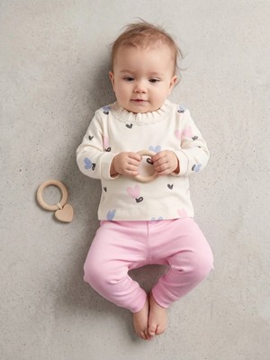 Deniva Kids Kız Bebek Dantel Yaka Kalp Desenli Uzun Kollu Sweatshirt ve Paçası Ribanalı Tayt/pantolon 2'li Alt Üst Takım