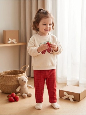Deniva Kids Kız Bebek Kırmızı Ekose Pantolonlu Çilek Baskılı Sweatshirt 2'li Pamuklu Alt Üst Takım