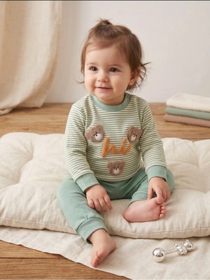 Deniva Kids Bebek Mint Yeşili Çizgili Kabartma Ayıcık Nakışlı Pamuklu 2'li Alt Üst Takım