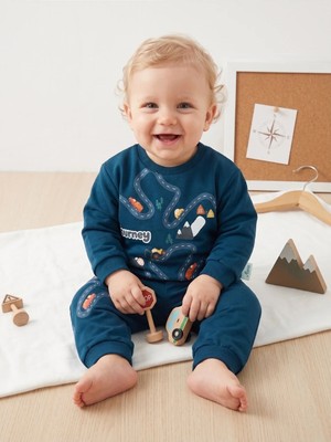 Deniva Kids Erkek Bebek Journey Yol ve Araba Baskılı 2'li Sweatshirt Eşofman Takımı