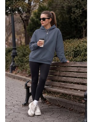 EYDAMOON Kadın Kışlık 3ip Içi Polarlı Kapüşonlu Kesik Cepli Oversize Sweatshirt