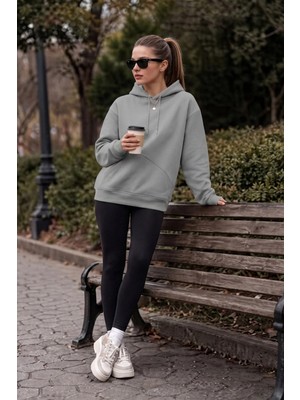 EYDAMOON Kadın Kışlık 3ip Içi Polarlı Kapüşonlu Kesik Cepli Oversize Sweatshirt